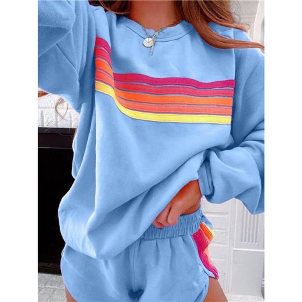Striped Round Neck Sweatshirt and Shorts Set